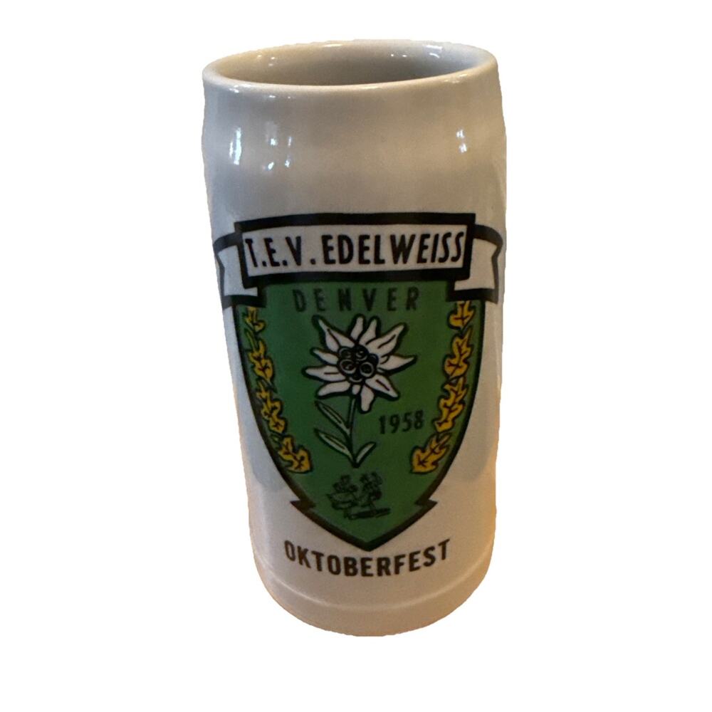 Vintage T.E.V. Edelweiss Oktoberfest 1958 Denver Colorado Stoneware Beer Mug